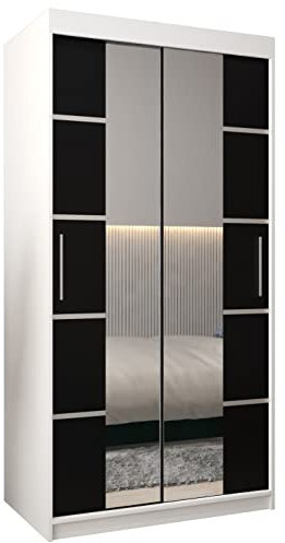 ABIKSMEBLE Verona 4 100 Armario 2 Puertas Correderas para Dormitorio - Armario Moderno con Espejo, Barra y Estantes - 100x200x62 cm (Ancho x Alto x Fondo) - Bianco Mate + Negro Mate