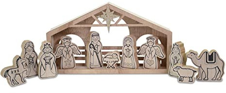 Riffelmacher 11948 - Weihnachtskrippe aus Holz, etwa 30,5 x 5 x 17,5 cm groß, 11 teiliges Set, Krippenstall für Weihnachten, Holzkrippe für Kinder, Geschenk