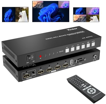 Yinker 4K60Hz HDMI Quad Multiviewer 4x1, 4 in 1 Out HDMI-Quad-Switcher für 4K@60Hz unterstützt 3,5 mm Audio, 90-Grad-Drehung und 8 Anzeigemodi & IR-Fernbedienung & RS232