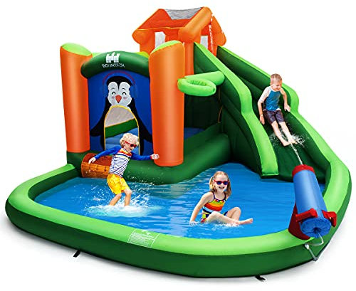GOPLUS 6-in-1 Aufblasbare Hüpfschloss, Kinderhüpfburg mit Trampolin Rutsche Kletterwand Wasserpistole Basketballkorb, Aufblasbare Hüpfburg mit Tragetasche, für Kinder 3-10 Jahren (Grün, ohne Gebläse)