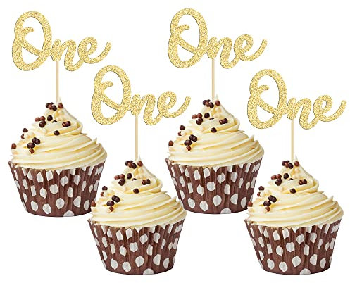 Gyufise 24Pcs One Cupcake Toppers Gold Glitter First Birthday Baby Shower Cupcake Picks Baby Shower Kids Boys Girls 1st Birthday Party Cake Decorations Supplies