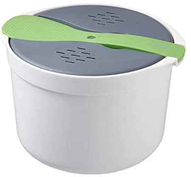 Mikrowellen-Reiskocher, 2 l, Mikrowellen-Dampfgarer-Set mit Reisschaufel, Deckel, Sieb und Dampfkochtopf, spülmaschinenfest, lebensmittelechtes Mikrowellen-Reiskocher-Set für Gemüse, Fleisch,