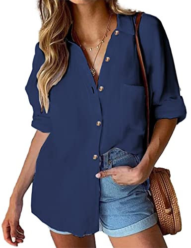 HOTOUCH Women Casual Solid Color V Neck Blouse Womens Button Down Shirt Long Sleeve Tops Tunics Navy Blue M