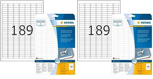 Universal Etiketten ablösbar, 25 Blatt, 25,4 x 10 mm, 189 Stück pro A4 Bogen, 4725 Aufkleber, selbstklebend, bedruckbar, matt, blanko Klebeetiketten aus Papier, weiß (Packung mit 2)