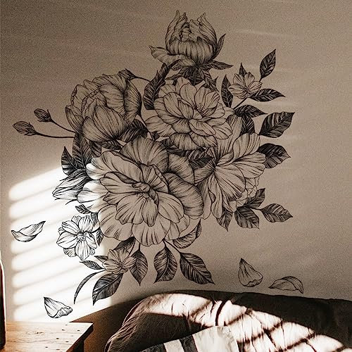 Runtoo Black and White Floral Wall Decals Peony Flower Wall Stickers Living Room Bedroom Office Wall Decor