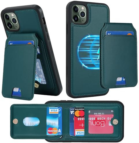 ELTEKER Hülle für iPhone 11 Pro Handyhülle mit Kartenfach Magnet-Kartenetui Kartenhalter mit Ständer,Leder Klapphülle Schutzhülle für iPhone 11 Pro-dunkelgrün