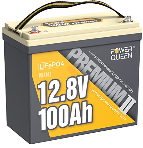 Power Queen Batterie 12V 100Ah MINI LiFePO4, Batterie LiFePO4 en Petite Taille avec 100A Protection BMS et 4000-15000 Cycles Profonds, sans Entretien Parfait pour Camping-Car, Système Solaire, Bateaux