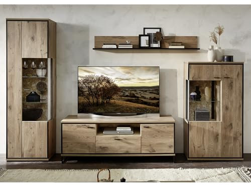 Lomadox Wohnwand TV-Wand braun 4-teilig Modern, 1 Vitrine, 1 Highboard, 1 Lowboard, 1 Wandboard