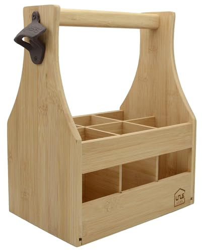 UNUS Home Sac à main pour homme en bambou - Porte-bouteilles en bois pour 6 bouteilles - Porte-bière avec décapsuleur - Idée cadeau pour homme, anniversaire, fête des pères