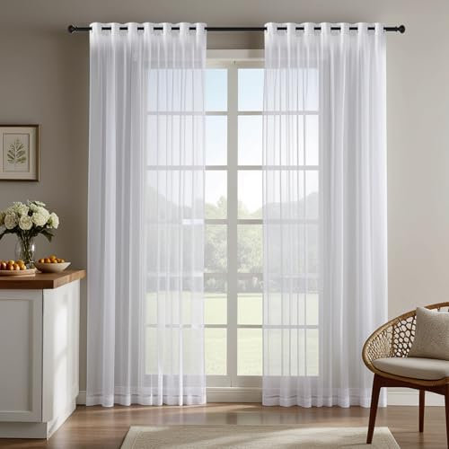 NAKIHOUSE Voile Curtain 84 Drop 2 Panels Net Curtains for Windows Eyelet Top Sheer Curtains for Kitchen Living Room Bedroom Window Treatment, White Voiles, 52 x 84