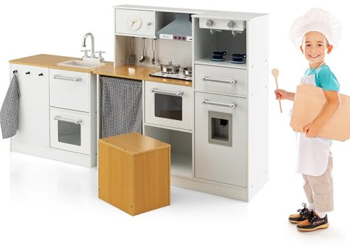 HOMASIS Kinderküche mit Licht & Sound, Spielküche Holz, Spielzeugküche inkl. Hocker & Küchenzubehör, Eckküche Puppenküche Spielset Kinderspiel Küchespielzeug-Set für Kinder ab 3 Jahren