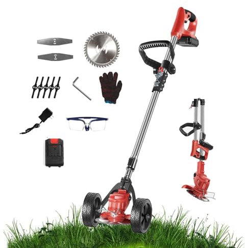 DéBroussailleuse Sans Fil Pliable,Tondeuse à Gazon éLectrique à Batterie Avec Roues RéGlables,Tondeuse à Gazon éLectrique TéLescopique DéBroussailleuse Pour Jardin(red,EU)