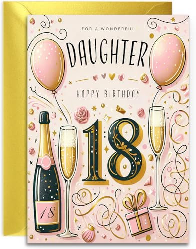 Geburtstagskarte zum 18. Geburtstag der Tochter, Champagner und Luftballons, elegante Geburtstagskarte für sie zum 18. Geburtstag, mit schönem Vers im Inneren, A5, mit goldfarbenem Umschlag