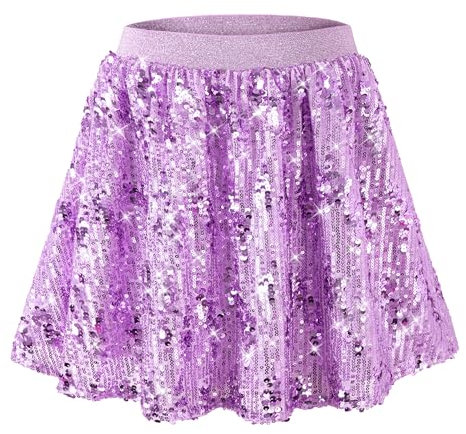 Rolanko Gonna di Paillettes per Ragazze Vita Elastica Skorts Brillantinati Plissettati con Fodera per Danza Bambini Festa di Compleanno da Principessa, Viola, Taglia: 10-11 anni/150