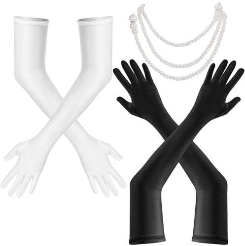 GOTDYBST 2 Paar Handschuhe Lang, Schwarze Handschuhe Mit Perlenkette,Classic Abendhandschuhe, Kostüm Zubehör Damen,1920er Style, Für Oper, Maskerade, Cosplay-Kostüme, Parteien