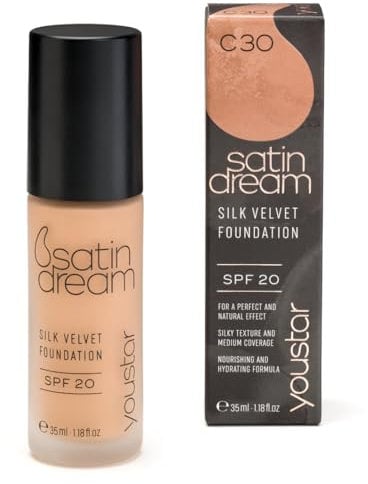 youstar SATIN DREAM Foundation, Feuchtigkeitsspendende Make-up-Grundlage, mittlerer bis hoher Deckkraft, für einen seidig glatten Teint, cremefarbene Textur, natürlich, für unregelmäßige Haut (C30)