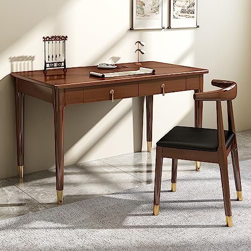 Escritorio para computadora de madera maciza con cajones, diseño moderno, mesa de trabajo para oficina en casa, acabado de nogal, 39 pulgadas de longitud