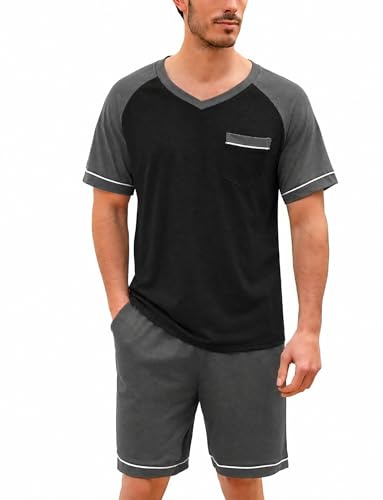 Irdcomps Pyjama Homme Coton Ete Ensembles de Pyjama Été Court Doux Short à Manches Courtes col V Vêtements de Nuit Vêtements de Détente Couleurs Contrastées Ensemble Pyjama Estival Confortable