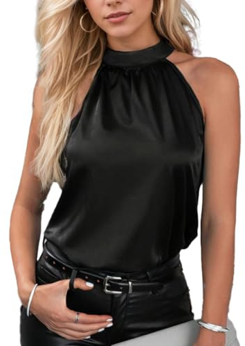 EMOTTOS Camisolas Mujer, Sin Tirantes Cuello Halter Chalecos de Satén Casual, Strapless Plisado Fuera del Hombro Chaleco sin Mangas Básico de la Mujer Tank Top, Negro, S