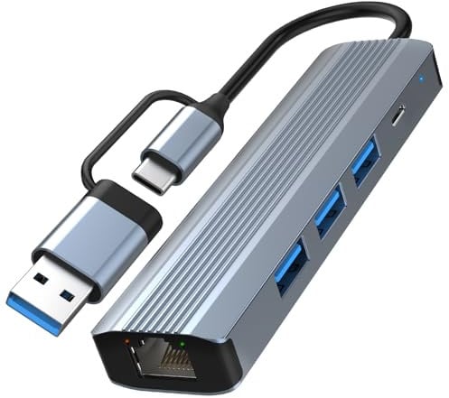 Dual USB-A/C LAN Adapter mit Gigabit Ethernet & 3X USB 3.0 & Typ-C Charging, Ethernet Adapter für Switch, iPhone 16/15, iPad, MacBook, Surface, Dell XPS (Plug&Play)