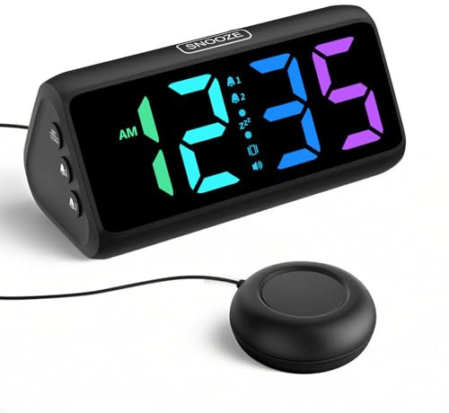 Wecker Laut für Tiefschläfer, Lauter Wecker mit Vibration, Doppelalarm, RGB-Anzeige, 5 Helligkeitsstufen, 4 Lautstärken, Snooze, Vibrationswecker für ältere Menschen Teenager Gehörlose Hörgeschädigte