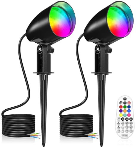 LINKE Spot LED Extérieur RGBW Télécommande 20W 2PC 1880LM Blanc Froid 6500K 10 Couleurs/30 Modes/6 Luminosités Réglables IP66 Étanche Éclairage Extérieur LED à Piquer pour Jardin, Terrasse, Chemin