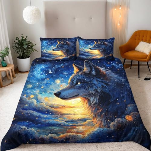 Bettwäsche 135x200 cm 3D Tiere Wolf Sternenhimmel Druck Kinder Bettwäsche-Sets 3teilig Mikrofaser Bedding Bettbezug 135x200 Weich Bettbezüge + 2 Kissenbezüge 80x80 Mit Reißverschluss Eckbinder