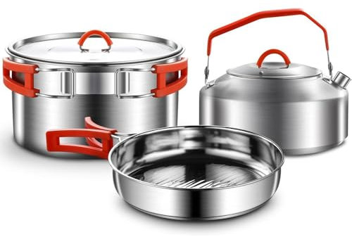 Juego de utensilios de cocina para camping, juego de ollas y sartenes de acero inoxidable 304, incluye olla antiadherente, sartén y hervidor de agua en bolsa de malla para senderismo al aire libre