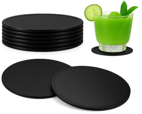 Chtaoxin 8 PCS Silicone Drink Coasters for Hot and Cold Beverages – Non-slip Black Round Cup Mats, Heat-Resistant Bar Table Protectors for Coffee Tea Beer Wine, Reusable Washable Soft Rubber Pad Set