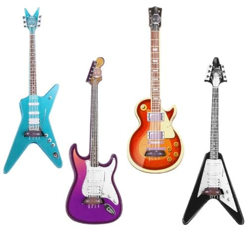 Durlo 4er-Pack Mini-Gitarre, aufblasbare Gitarren-Simulationsdekorationen, Holz im Maßstab 1:12, Luftgitarren, bunt für Mini-Musikzimmer