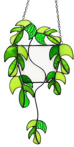 Shalwinn Buntglas Fensterhängende Pflanze,Handgefertigte Grüne Kunstpflanze Buntglas Fenster Sonnenfänger für Drinnen und Draußen Dekoration, Geschenk für Pflanzenliebhaber (Monstera Leaf)
