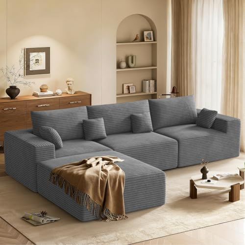 Aivermeil L Shaped Modular Sofa 287cm Boneless Couch Grey | Sectional Corner Sofa,3-4 Seater,Memory Foam,Ottoman,No Assembly,Living Room