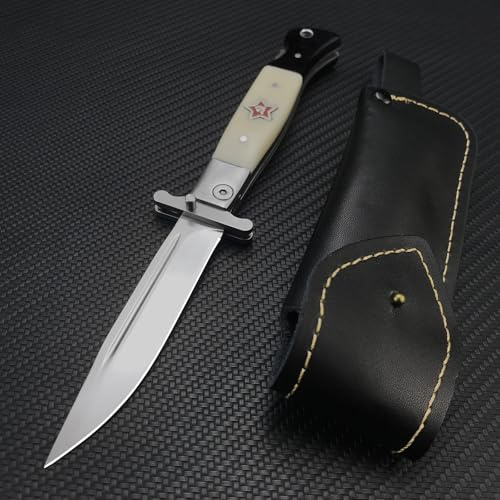 Verkto Outdoor Klappmesser, 440C-Stahlklinge, Kunstharzgriff, 21cm Länge, Manuelle Sicherheitsverriegelung, Mit Lederscheide, Geeignet für Camping, Ab 18 Jahren (Weiß)