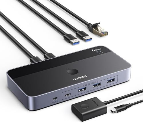 UGREEN USB 3.0 Switch 2 In 4 Out with Gigabit Ethernet Port, Sharing Switch | for 2 Computers, Aluminum KVM Switcher Supports 1000Mbps Network Shared for Keyboard/Mouse/Hard Drive/Printer/Webcam