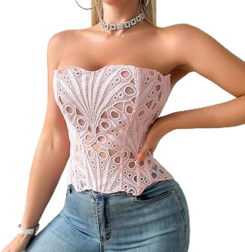 Dwafill Corsetto da donna con petto intero, corpetto gotico, vintage, corpetto per Halloween, Rosa chiaro, S