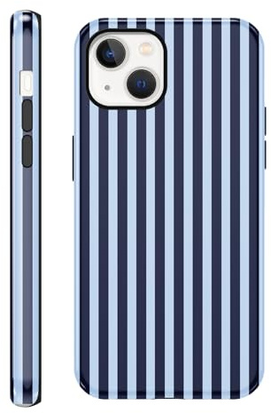 Coiwxmoi Gestreift Handyhülle für iPhone 14/iPhone 13 Hülle, Sommer Aesthetic Striped Muster Stripes Bunt Design, 2 in 1 Silikon Schutzhülle für Frauen Mädchen Cover Case für iPhone 13 6,1, Blau Weiß