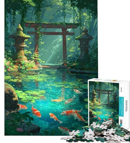 Teenager-Puzzle 1000-teiliges Puzzle Koi-Teich Wald Kami-Schrein Zug visueller Fokus Premium-Schnitt Spaß Ruhezeit Spaß Weihnachtskunst-Display (38x26cm)
