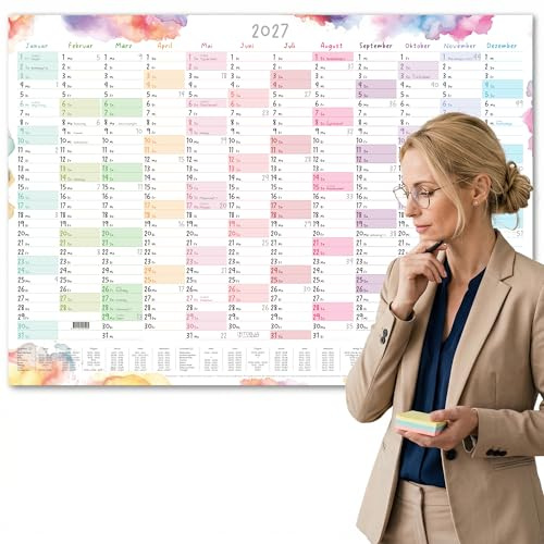 TOBJA® Wandkalender 2027 Groß A1 Aquarell Splash – Jahresplaner mit Ferienkalender DE & AT, große Felder & dickes Papier | Jahreswandkalender 2027 Österreich