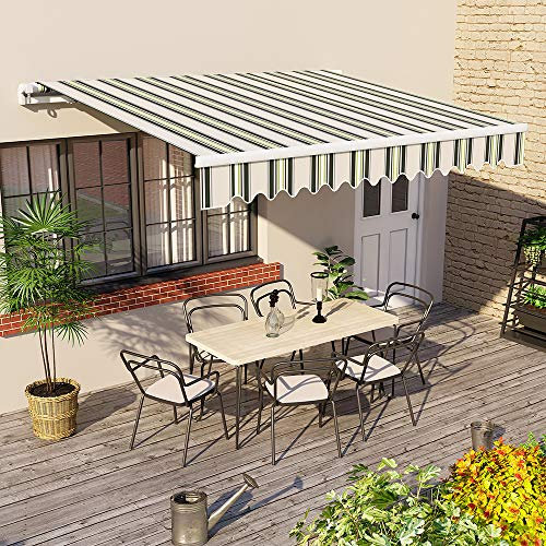 Green Bay Multi-Stripe DIY Manual Patio Awning, Retractable Gazebo Outdoor Canopy, Garden Sun Shade - 4m x 3m