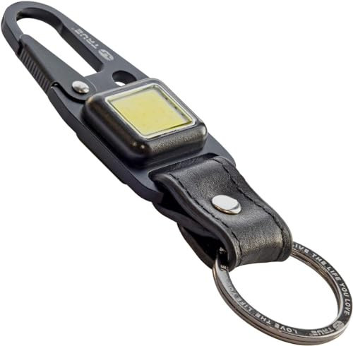 True Utility TU918 Cliplite, Rechargeable Light with Keyring Clip, Four Light Modes, Cowhide Leather, Titanium Coated Stainless Steel, One Size, Black, 11 cm