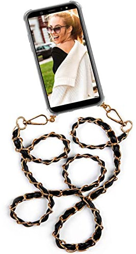 ONEFLOW Handykette für iPhone 6s / iPhone 6 Hülle mit Band Edelstahl, Handyhülle mit Kette aus Metall zum Umhängen, Handyband Abnehmbar 2 Karabiner, Twist Chain – Gold Schwarz