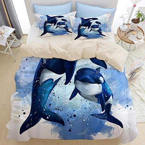 SURERUIM Bedding Bettwäsche-Set - Zwei Killerwale im Ozean-Aquarell-Malstil - Dekoration gebürstete Mikrofaser Bettbezug und Kissenbezuge (135x200cm + 2 x Kissenbezuge 80x80cm) mit Reißverschluss