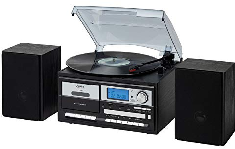 Jensen JTA-575BK - Reproductor de grabaciones caseras (estéreo, 3 velocidades, sistema de música, centro multimedia + CD/MP3, codificación USB/SD, reproductor de casete AM/FM y altavoces de madera