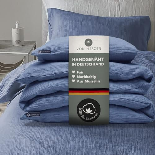 von Herzen Musselin Bettwäsche I weiche Bettwäsche I 100% Baumwolle I Bezug für Decke + Kissen I Bettwäscheset mit Reißverschluss I Handmade I Azurblau 135x200 / 80x80