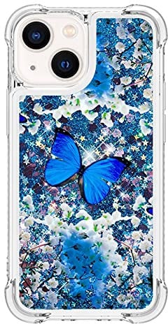 iPhone 13 Case Glitter, 3D Quicksand Flowing Liquid Bling Sparkle Clear Transparent TPU Gel Silicone ShockProof Protective Phone Cover for iPhone 13 Case Girls, Blue Butterfly