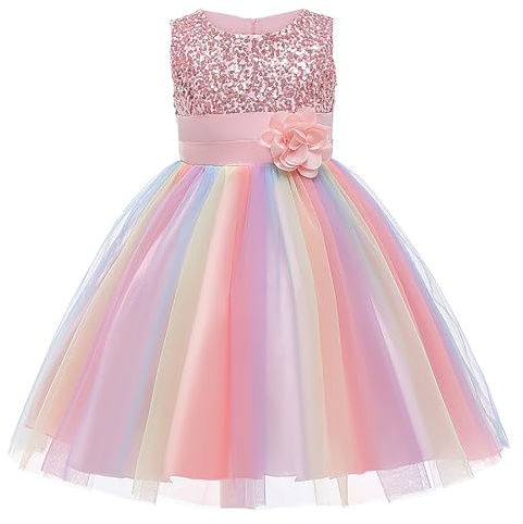 M MUNCASO Mädchen Prinzessin Kleid Pailletten Tüll Blume Regenbogen Runder Kragen Ärmelloses Abendkleid Geburtstagsfeier Hochzeit Brautjungfer Mädchen Abendkleider Kleinkind Baby Alter für 2-13 Jahre
