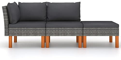 Tidyard 3-TLG. Gartenmöbel mit Auflagen Lounge Sofa Sitzgruppe Garten Garnitur Gartensofa Gartenset Mittelsofa Fußhocker Ecksofa Poly Rattan Grau & Anthrazit