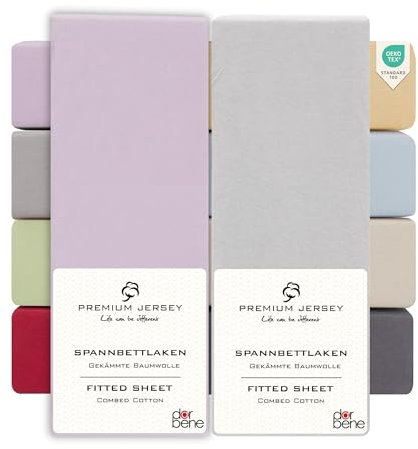 DarBene Spannbettlaken 90x200 Premium 2er Set Grau-Mix, Jersey 100% gekämmte Premium Baumwolle, atmungsaktiv, superweiches Bettlaken bis 30 cm Matratzenhöhe, Oeko-TEX, Flieder & Hellgrau