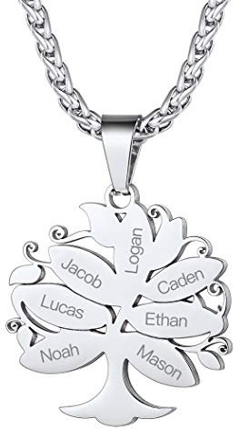 Suplight Prénom personnalisé Collier Arbre de Vie 7 Prénoms Gravé Acier Inoxydable Chaîne Arbre de Vie pour Famille avec Chaîne 55cm+5cm Bijoux Personnalisé Fête des Mère Anniversaire Noël