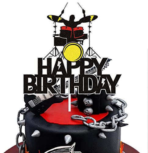 Drum kit Happy Birthday Cake Topper Black Glitter Musical Music Notes Cake Decorations Music Player Band Theme Birthday Party Supplies for Drummer Musician